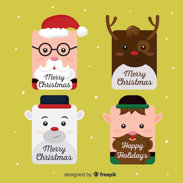 Free Vector flat faces christmas label collection