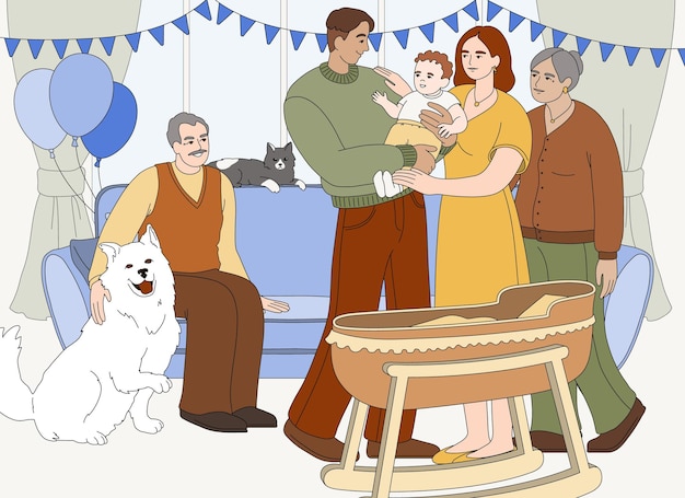 Free Vector flat family celebrate infant birthday with happy relatives at home