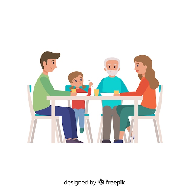 Flat family sitting around table illustration