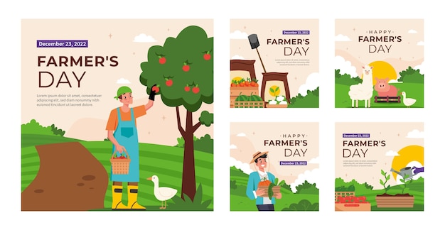 Free Vector flat farmer's day celebration instagram posts collection