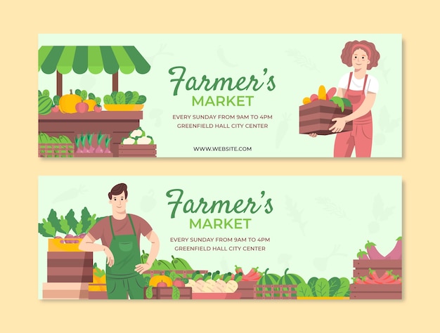 Free Vector flat farmers market horizontal banners pack