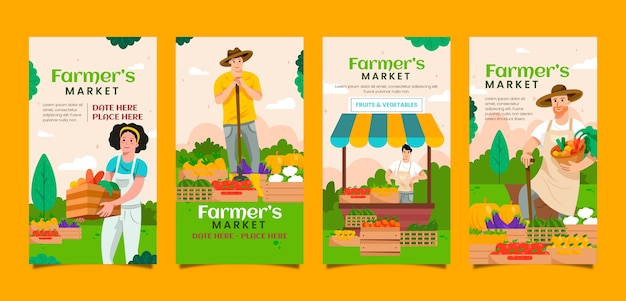 Free vector flat farmers market instagram stories collection