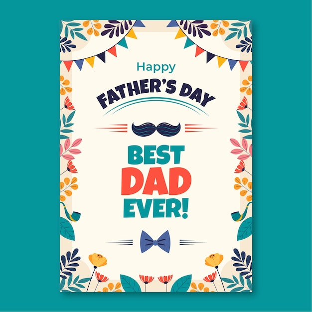 Flat father's day greeting card template with vegetation and bunting