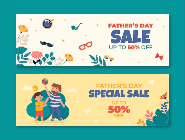 Flat father's day horizontal sale banners set