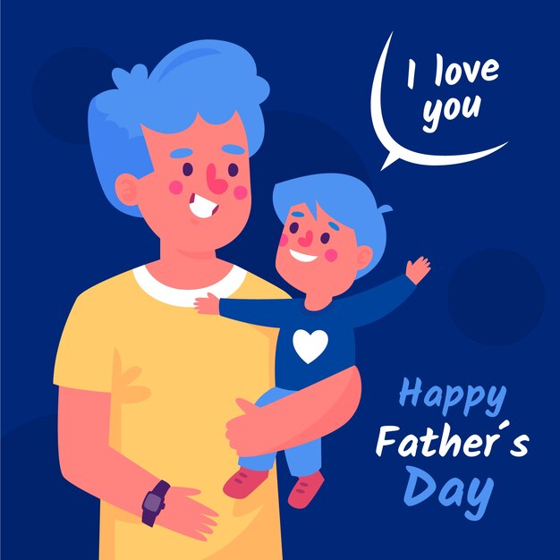 Flat father's day illustration of dad holding little boy