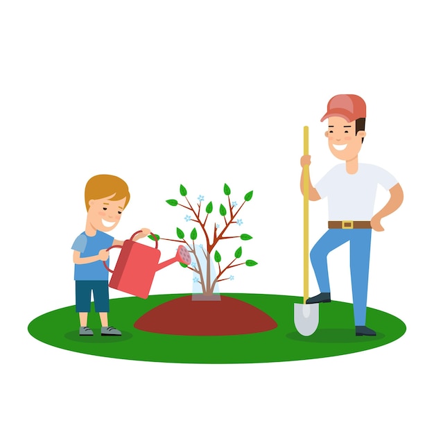 Flat father and son growing a tree leisure lifestyle vector characters illustration Family children