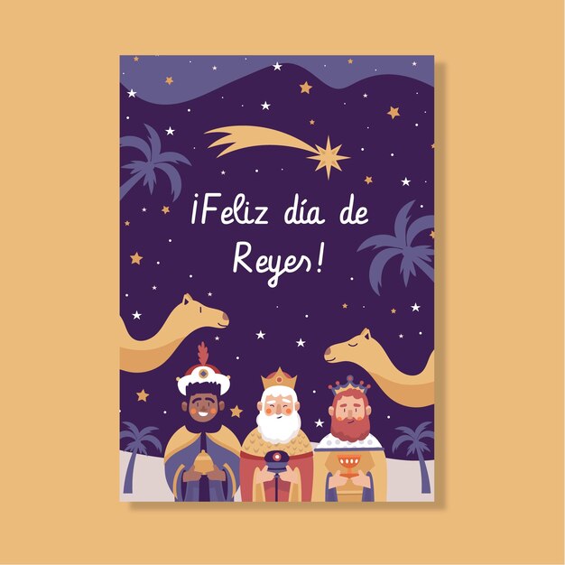 Flat feliz dia de reyes greeting card template