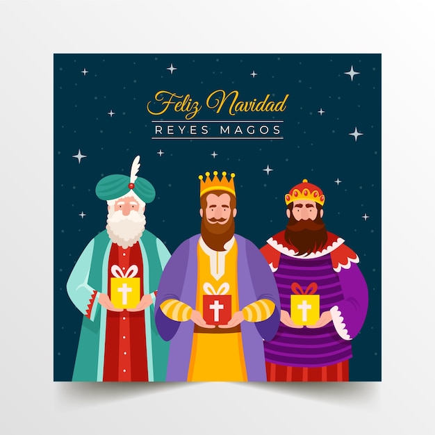 Flat feliz dia de reyes greeting card template