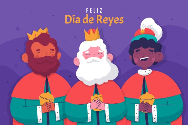 Flat feliz dia de reyes greeting card template