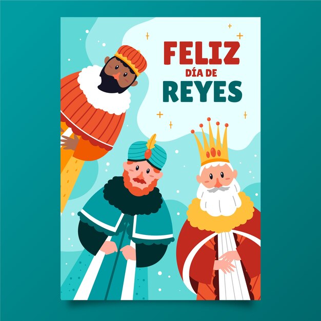 Flat feliz dia de reyes greeting card template