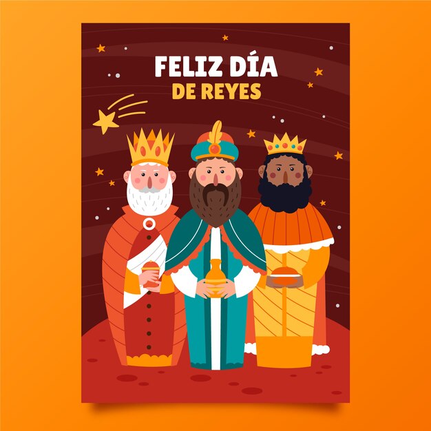 Flat feliz dia de reyes greeting card template