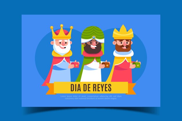 Flat feliz dia de reyes greeting card template