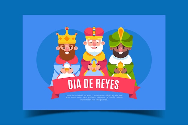 Flat feliz dia de reyes greeting card template