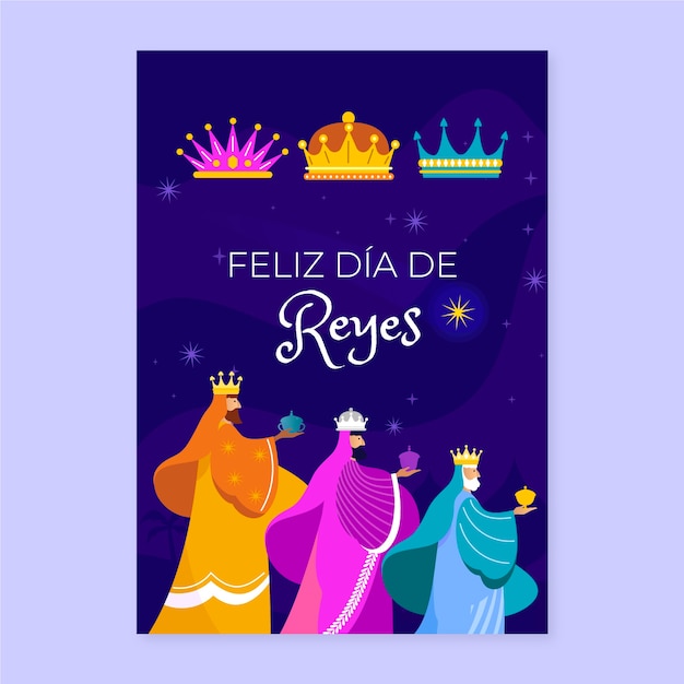 Flat feliz dia de reyes greeting card template