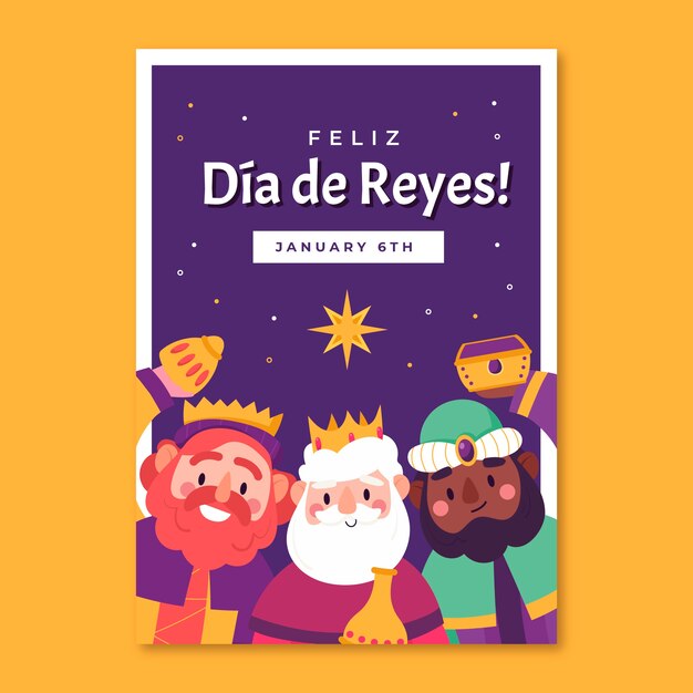 Flat feliz dia de reyes greeting card template