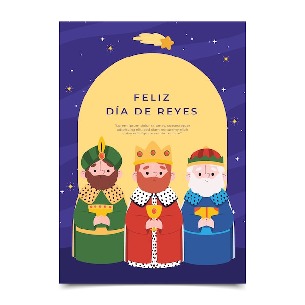 Flat feliz dia de reyes greeting card template