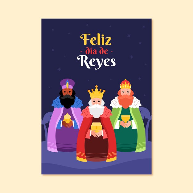 Flat feliz dia de reyes greeting card template