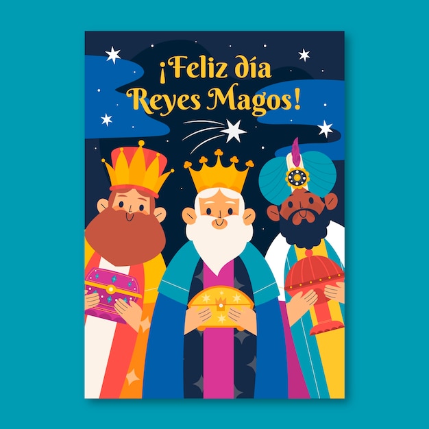 Flat feliz dia de reyes greeting card template