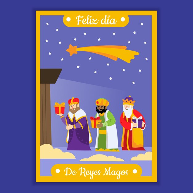 Flat feliz navidad reyes magos greeting card template