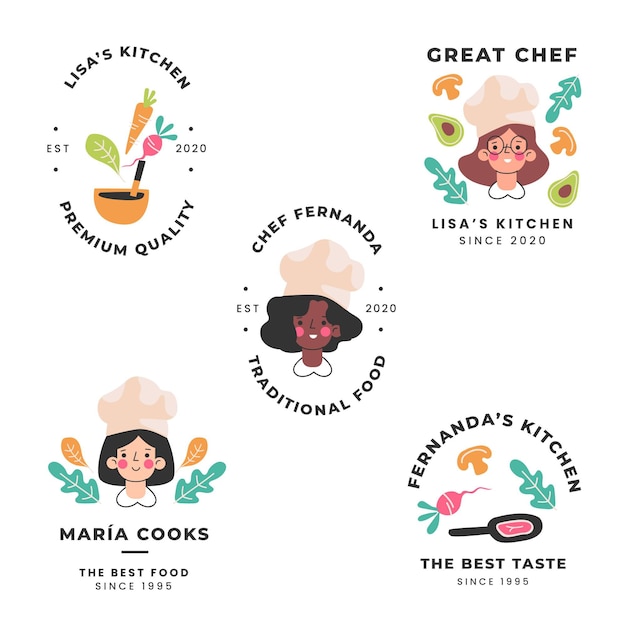 Free Vector flat female chef logo collection