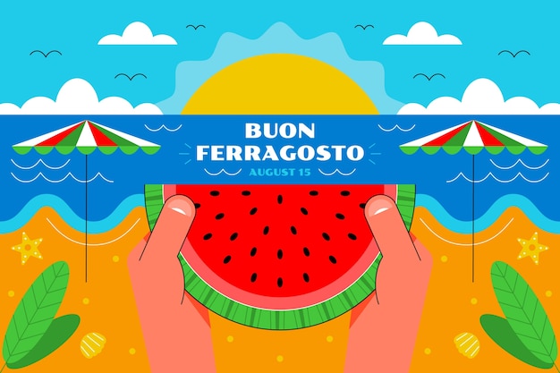 Flat ferragosto background with hands holding watermelon slice at the beach