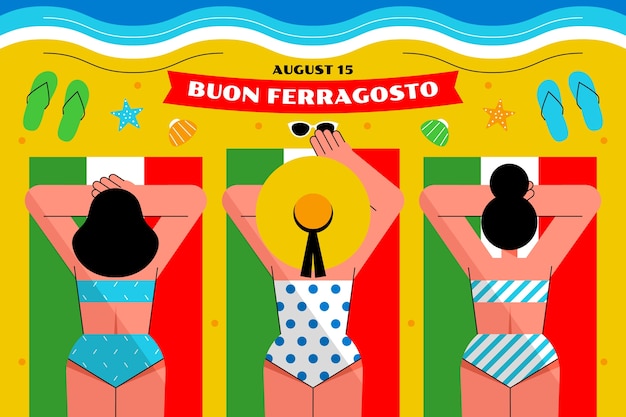 Flat ferragosto background with people at the beach