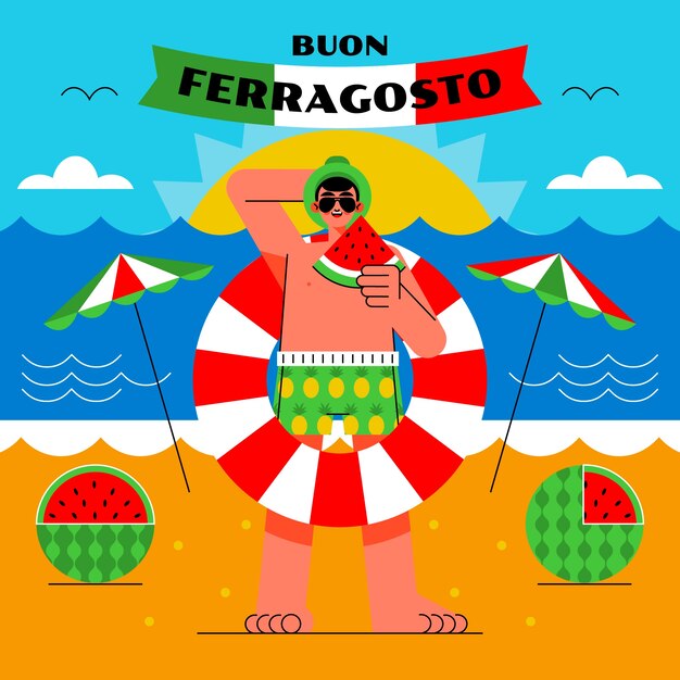 Flat ferragosto illustration with man eating watermelon on the beach