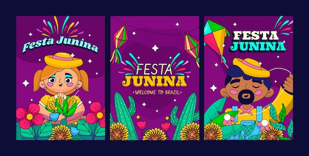 Flat festas juninas greeting cards collection