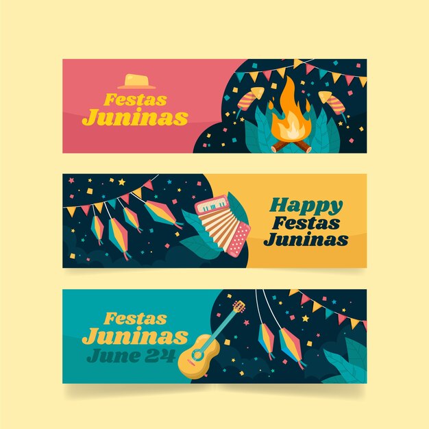 Flat festas juninas horizontal banners collection