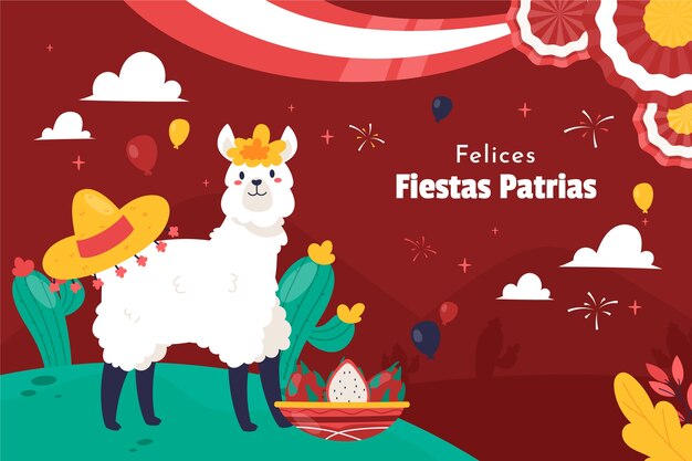 Flat fiestas patrias background with cactus and llama