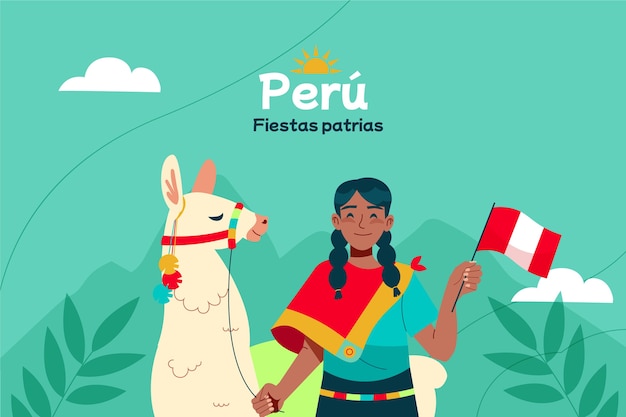 Flat fiestas patrias background with person and llama