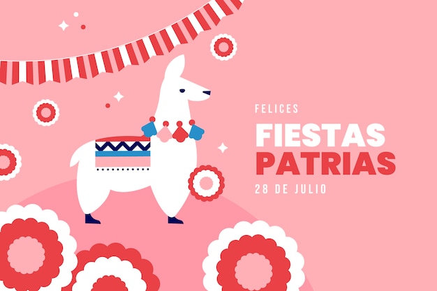 Flat fiestas patrias background with rosettes and llama