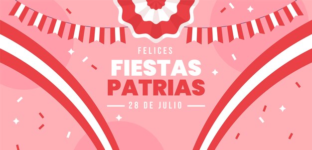 Flat fiestas patrias horizontal banner template with confetti and rosette