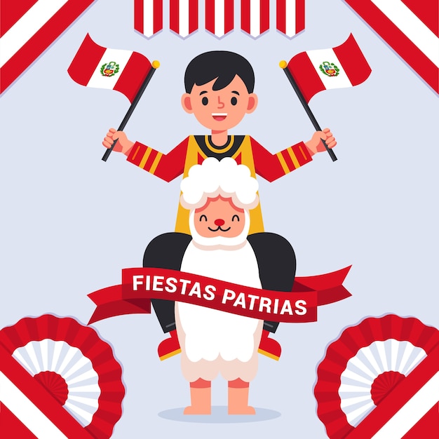 Flat fiestas patrias illustration with man riding llama