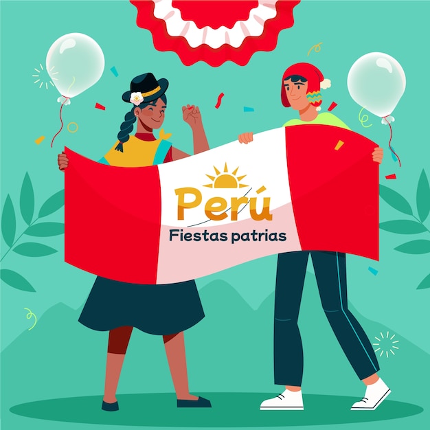 Flat fiestas patrias illustration with people holding flag