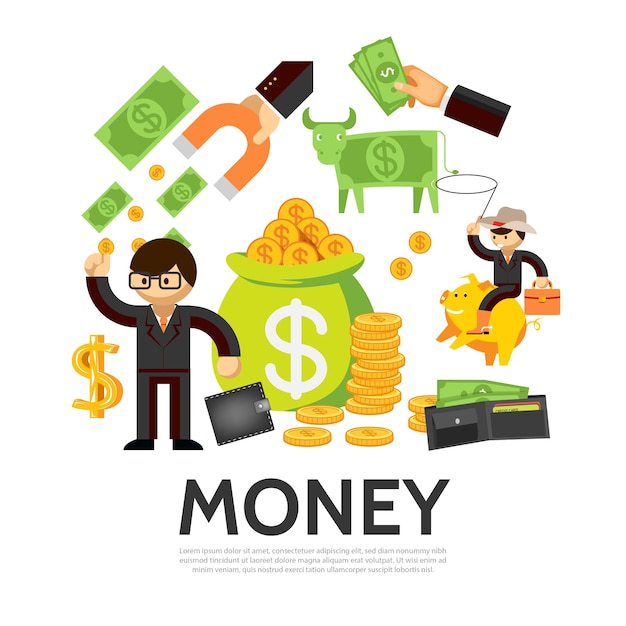 Flat finance concept with businessman cash wallet money cow bag of gold coins hand holding magnet