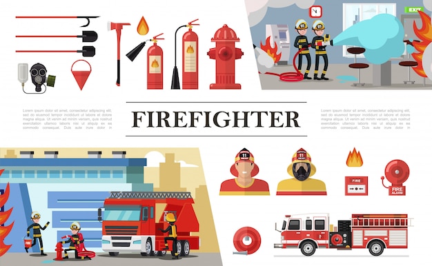 Free Vector flat firefighting elements composition with rescue brigades shovels gas mask fire hose hydrant extinguishers bucket firemen truck alarm bell