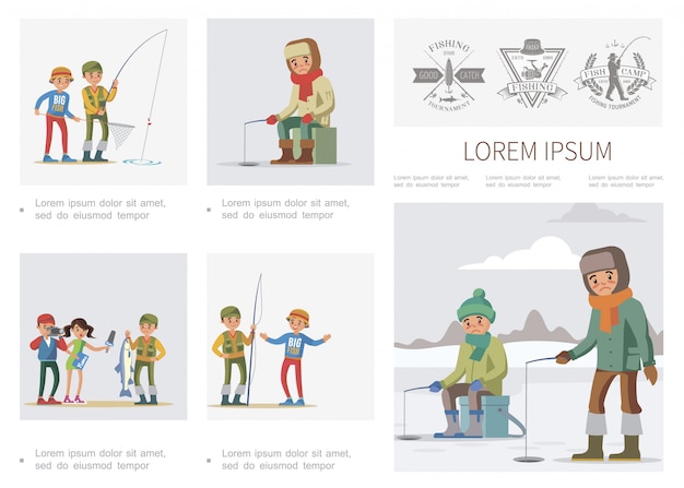 Flat fishing infographic template with summer and winter fishing fishers journalist interview fisherman who caught big fish