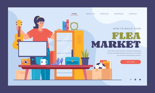 Flat flea market shopping landing page template