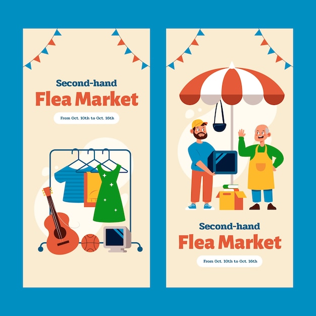 Flat flea market shopping vertical banners set