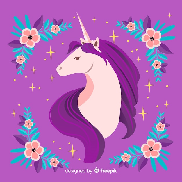 Free Vector flat floral cute unicorn background