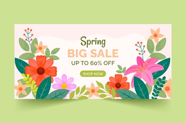 Flat floral spring horizontal sale banner template