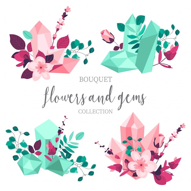 Free Vector flat flowers and gems