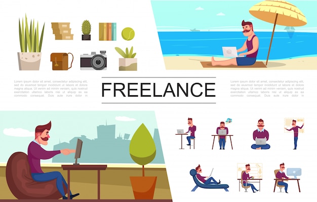 Free Vector flat freelance elements set with freelancer working at office and on tropical beach plants camera bag books 