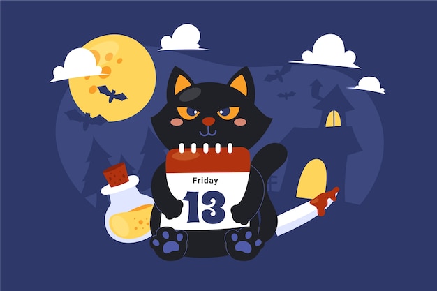 Free Vector flat friday the 13th background with black cat