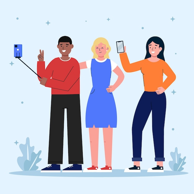 Flat friends taking selfie with smartphone