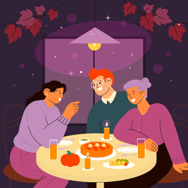 Flat friendsgiving illustration with friends having dinner at the table together