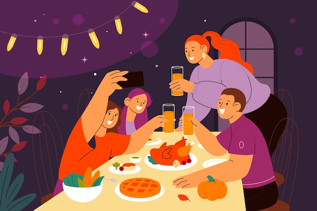 Flat friendsgiving illustration with friends having dinner at the table together