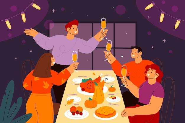 Free Vector flat friendsgiving illustration with friends having dinner at the table together