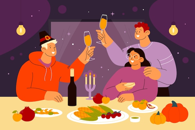 Flat friendsgiving illustration with friends having dinner at the table together